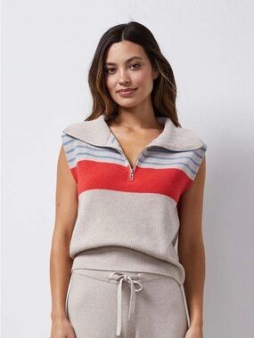 Monrow Stripe Half Zip Sweater Vest Cashmere/Wool Blend Size Medium Oatmeal/Blue